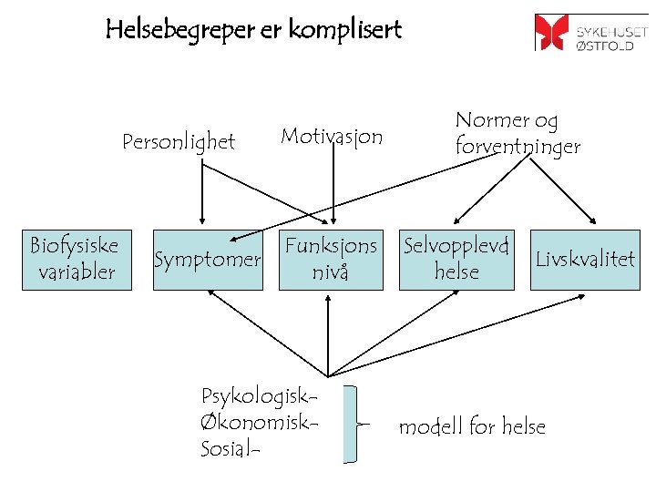 Helsebegreper er komplisert Personlighet Biofysiske variabler Symptomer Motivasjon Funksjons nivå PsykologiskØkonomisk. Sosial- Normer og