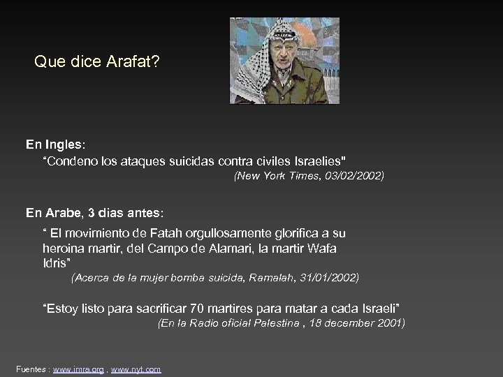 Que dice Arafat? En Ingles: “Condeno los ataques suicidas contra civiles Israelies