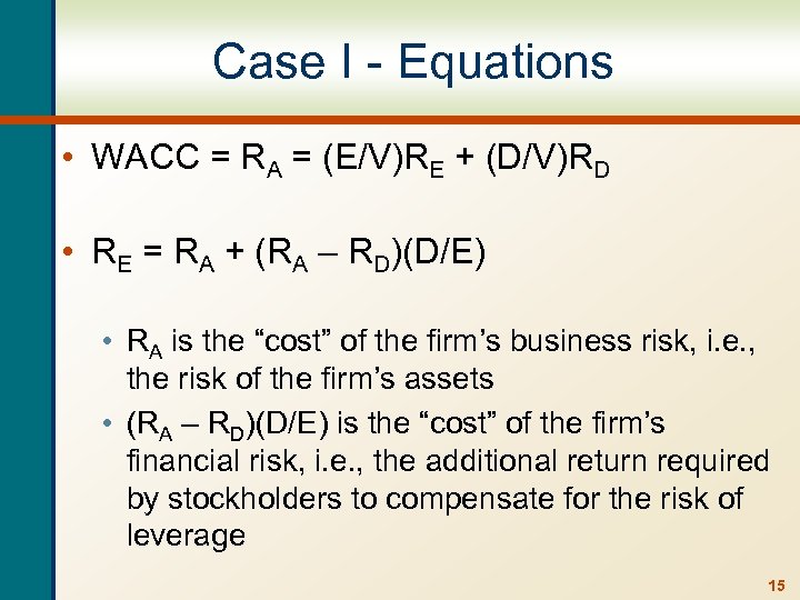 Case I - Equations • WACC = RA = (E/V)RE + (D/V)RD • RE