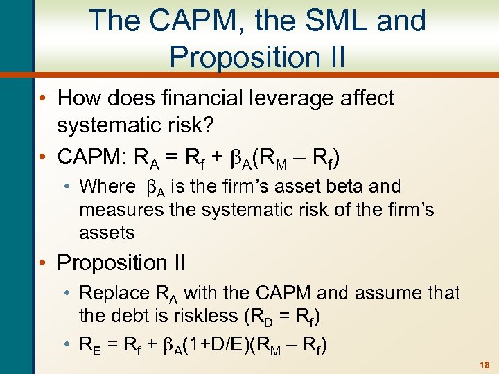 The CAPM, the SML and Proposition II • How does financial leverage affect systematic