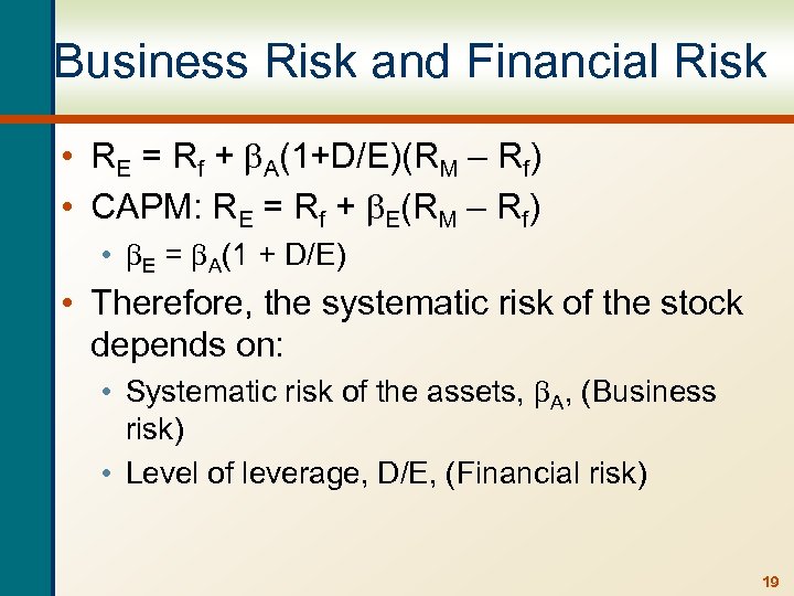 Business Risk and Financial Risk • RE = Rf + A(1+D/E)(RM – Rf) •