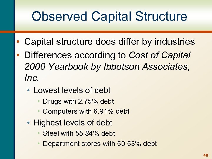 Observed Capital Structure • Capital structure does differ by industries • Differences according to