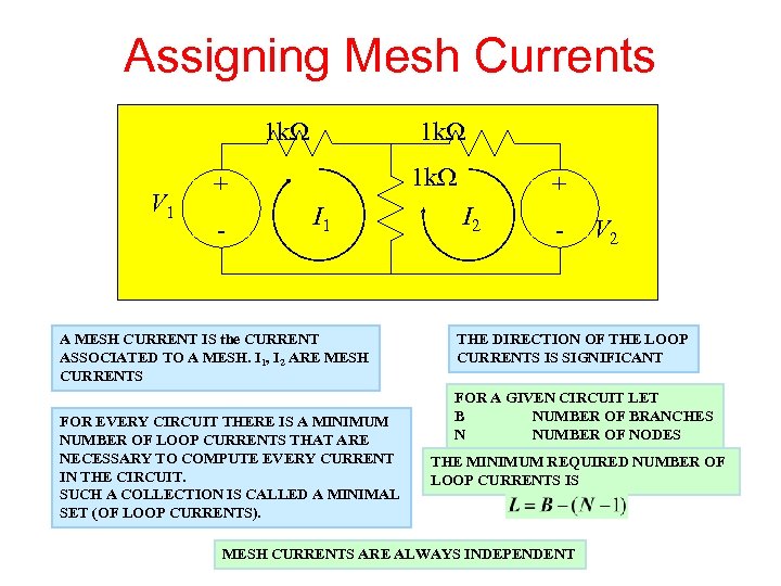 Assigning Mesh Currents 1 k. W V 1 1 k. W + - I