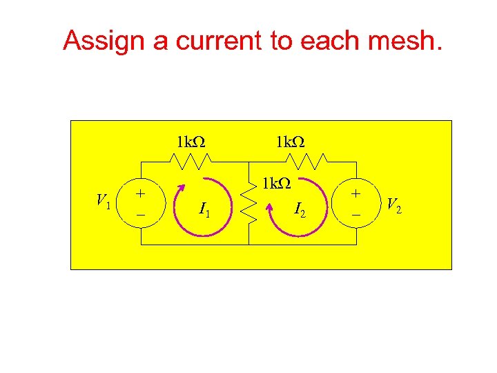 Assign a current to each mesh. 1 k. W V 1 + – 1