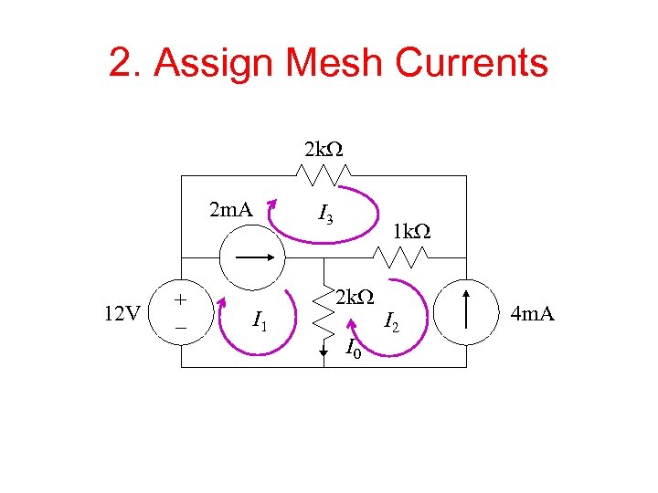 2. Assign Mesh Currents 2 k. W 2 m. A 12 V + –