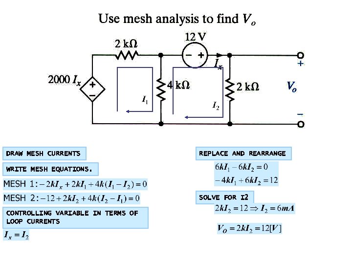 DRAW MESH CURRENTS REPLACE AND REARRANGE WRITE MESH EQUATIONS. SOLVE FOR I 2 CONTROLLING