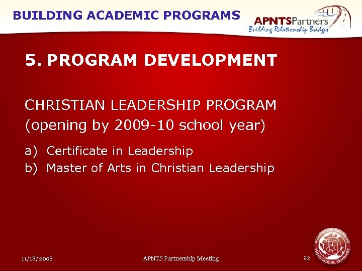 BUILDING ACADEMIC PROGRAMS 5. PROGRAM DEVELOPMENT CHRISTIAN LEADERSHIP PROGRAM (opening by 2009 -10 school