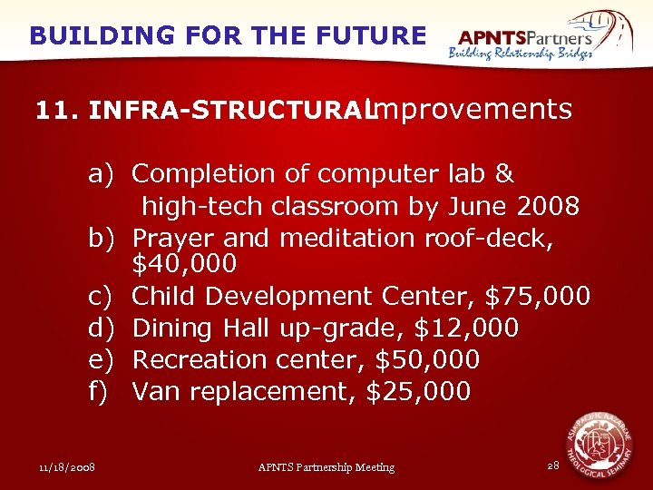 BUILDING FOR THE FUTURE 11. INFRA-STRUCTURAL improvements a) Completion of computer lab & high-tech