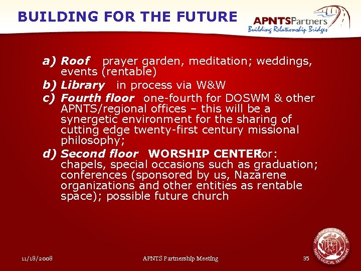 BUILDING FOR THE FUTURE a) Roof prayer garden, meditation; weddings, events (rentable) b) Library