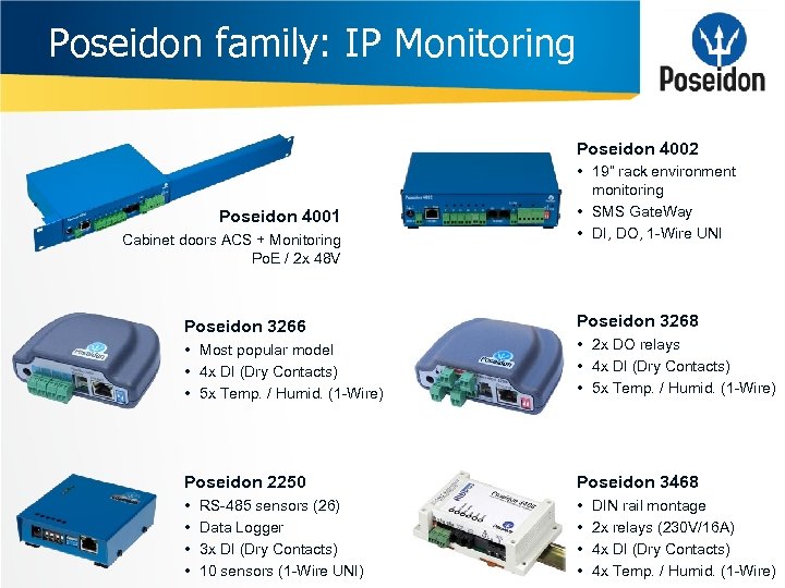 Poseidon family: IP Monitoring Poseidon 4002 Poseidon 4001 Cabinet doors ACS + Monitoring Po.