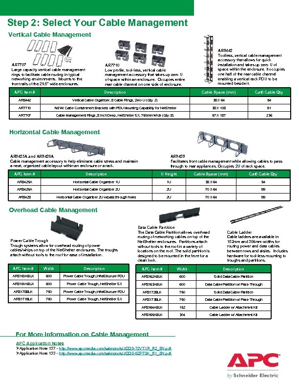 Step 2: Select Your Cable Management Vertical Cable Management AR 7707 Large capacity vertical