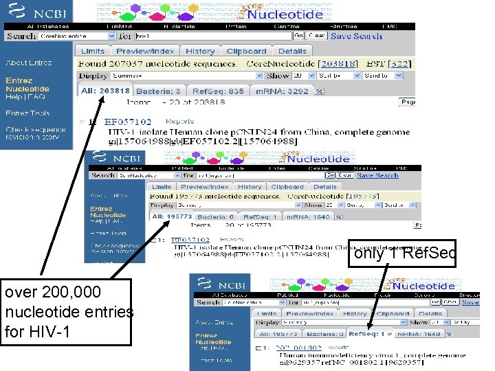 only 1 Ref. Seq over 200, 000 nucleotide entries for HIV-1 