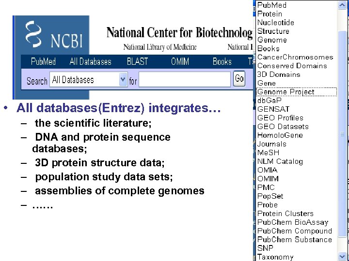  • All databases(Entrez) integrates… – the scientific literature; – DNA and protein sequence