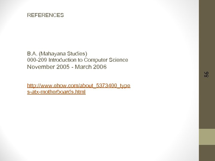 REFERENCES B. A. (Mahayana Studies) 000 -209 Introduction to Computer Science 86 November 2005