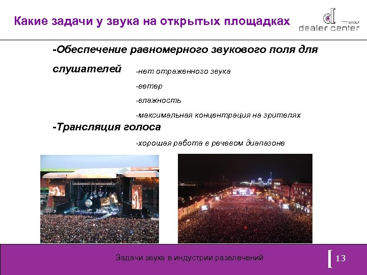 Какие задачи у звука на открытых площадках -Обеспечение равномерного звукового поля для слушателей -нет
