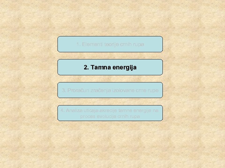 1. Elementi teorije crnih rupa 2. Tamna energija 3. Proračun zračenja izolovane crne rupe