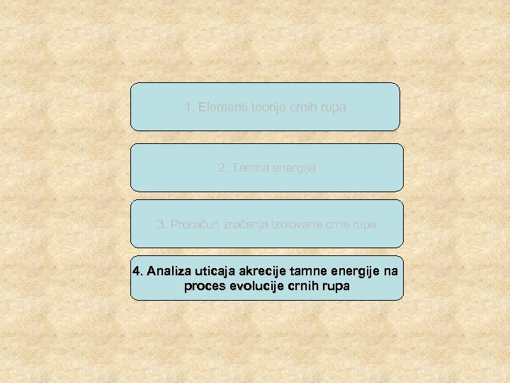 1. Elementi teorije crnih rupa 2. Tamna energija 3. Proračun zračenja izolovane crne rupe