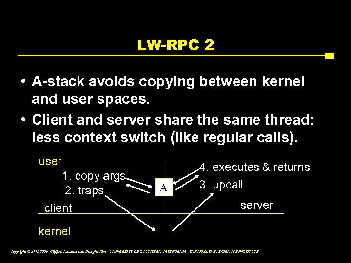 LW-RPC 2 • A-stack avoids copying between kernel and user spaces. • Client and