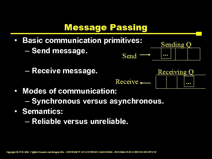 Message Passing • Basic communication primitives: – Send message. Send – Receive message. Receive