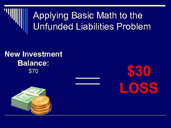 Applying Basic Math to the Unfunded Liabilities Problem New Investment Balance: $70 $30 LOSS