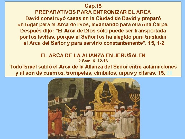 Cap. 15 PREPARATIVOS PARA ENTRONIZAR EL ARCA David construyó casas en la Ciudad de