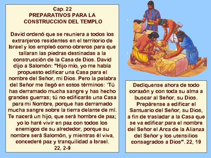 Cap. 22 PREPARATIVOS PARA LA CONSTRUCCION DEL TEMPLO David ordenó que se reuniera a