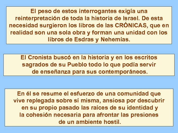 El peso de estos interrogantes exigía una reinterpretación de toda la historia de Israel.