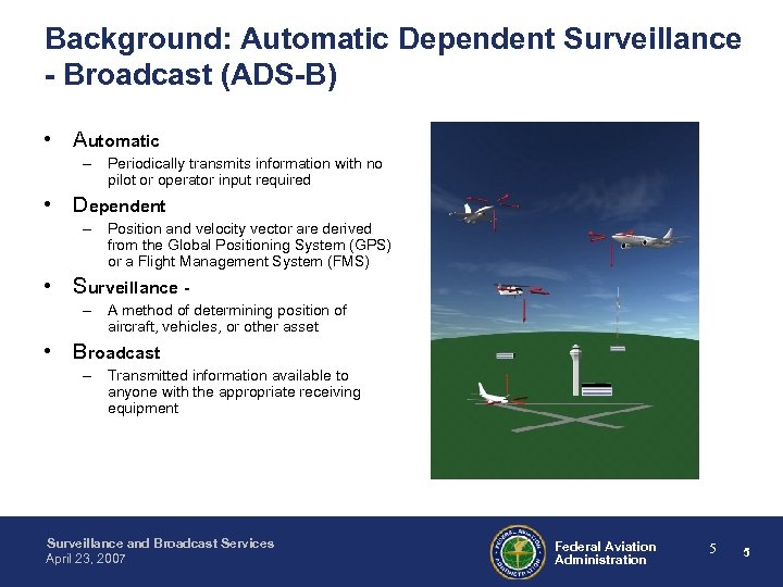 Background: Automatic Dependent Surveillance - Broadcast (ADS-B) • Automatic – Periodically transmits information with