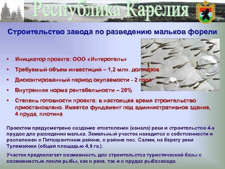 Строительство завода по разведению мальков форели • Инициатор проекта: ООО «Интеротель» • Требуемый объем