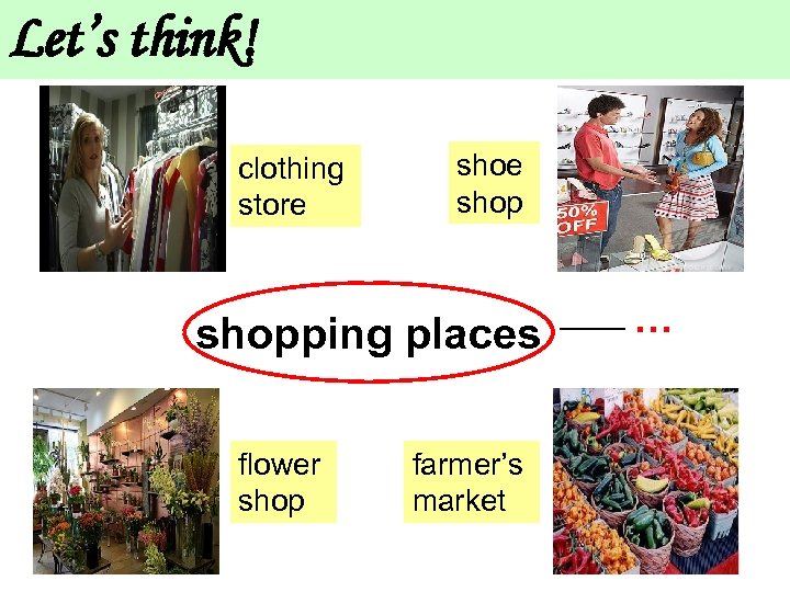 Let’s think! clothing store shopping places flower shop farmer’s market … 