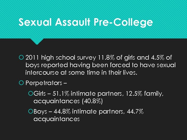 Sexual Assault Pre-College 2011 high school survey 11. 8% of girls and 4. 5%