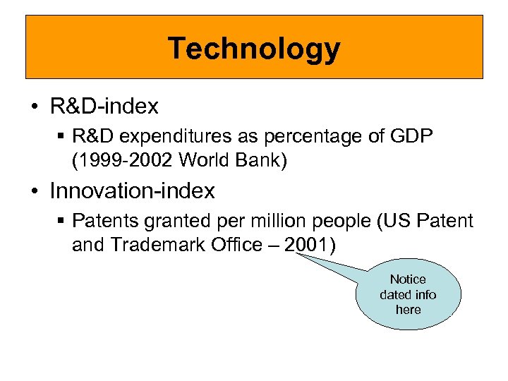 Technology • R&D-index § R&D expenditures as percentage of GDP (1999 -2002 World Bank)