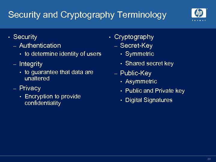 Security and Cryptography Terminology • Security – Authentication • Cryptography – Secret-Key • to