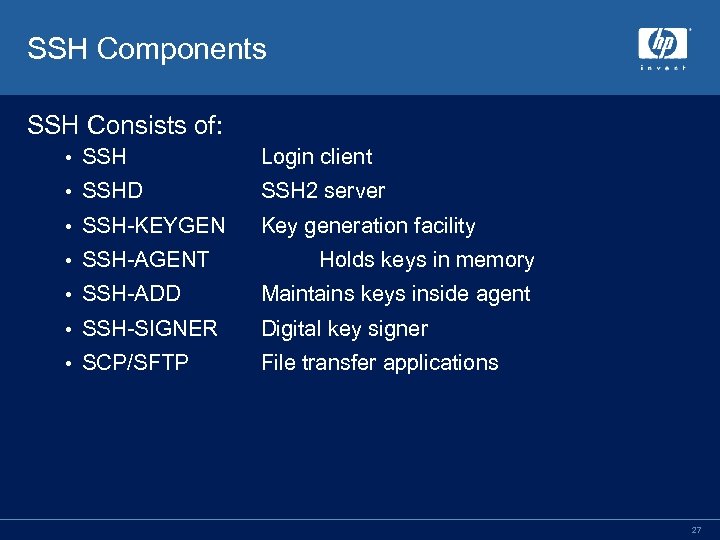 SSH Components SSH Consists of: • SSH Login client • SSHD SSH 2 server