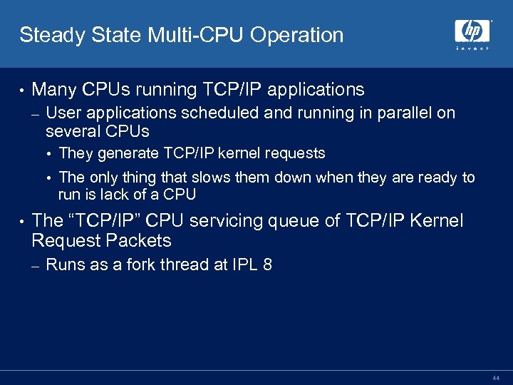 Steady State Multi-CPU Operation • Many CPUs running TCP/IP applications – User applications scheduled