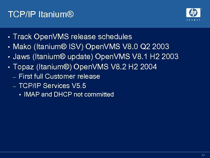 TCP/IP Itanium® Track Open. VMS release schedules • Mako (Itanium® ISV) Open. VMS V