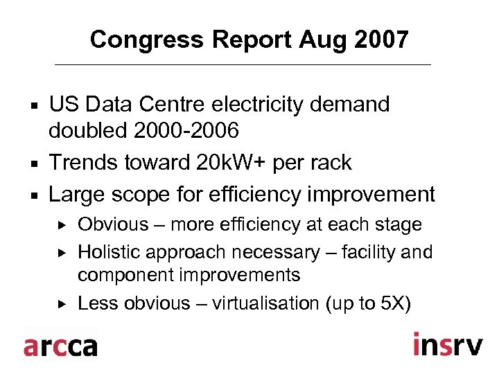 Congress Report Aug 2007 ¡ ¡ ¡ US Data Centre electricity demand doubled 2000