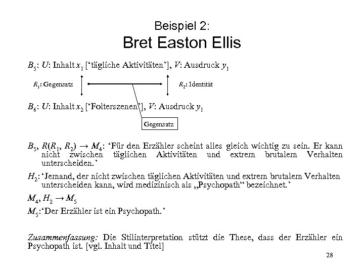 Beispiel 2: Bret Easton Ellis B 5: U: Inhalt x 1 [‘tägliche Aktivitäten’], V: