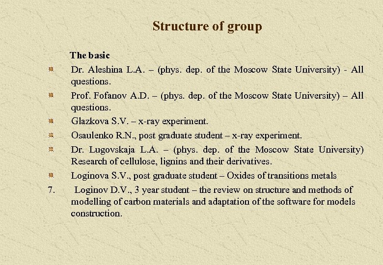 Structure of group The basic Dr. Aleshina L. A. – (phys. dep. of the