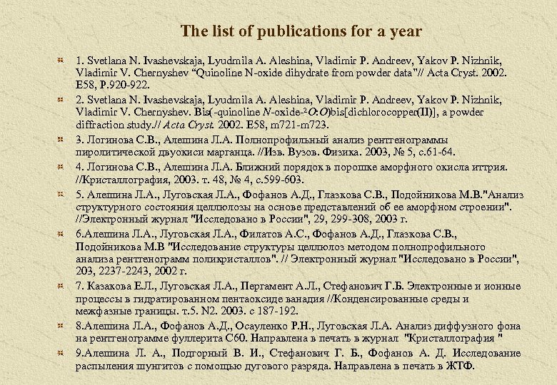 The list of publications for a year 1. Svetlana N. Ivashevskaja, Lyudmila A. Aleshina,