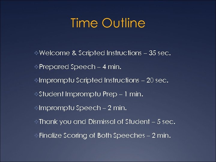 Time Outline v. Welcome & Scripted Instructions – 35 sec. v. Prepared Speech –