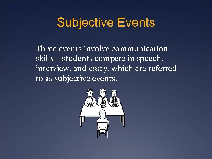 Subjective Events Three events involve communication skills—students compete in speech, interview, and essay, which