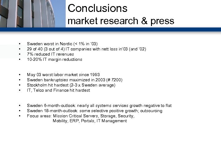 Conclusions market research & press • • Sweden worst in Nordic (< 1% in