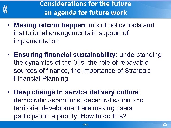 Considerations for the future an agenda for future work • Making reform happen: mix
