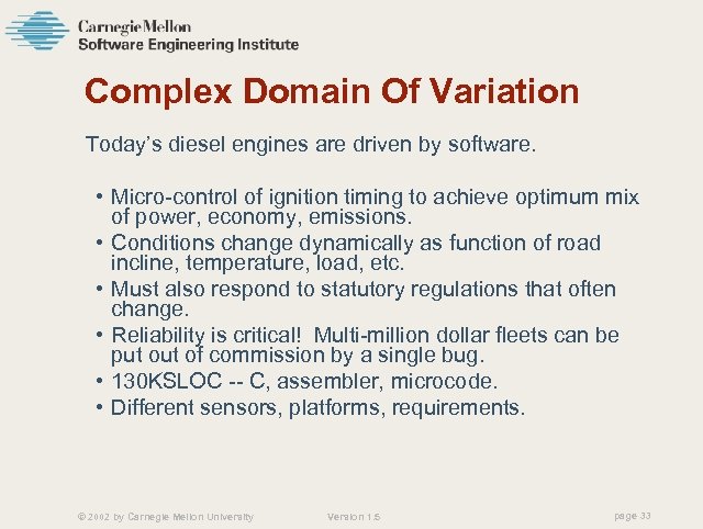 Complex Domain Of Variation Today’s diesel engines are driven by software. • Micro-control of