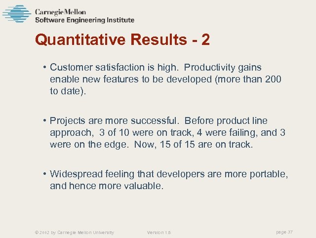 Quantitative Results - 2 • Customer satisfaction is high. Productivity gains enable new features