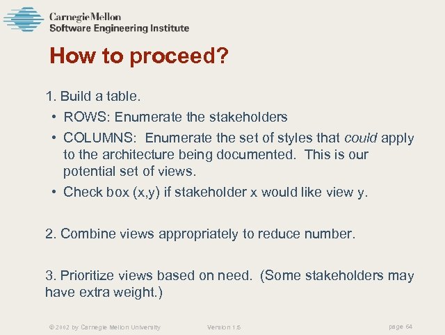 How to proceed? 1. Build a table. • ROWS: Enumerate the stakeholders • COLUMNS: