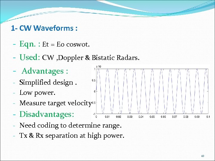 1 - CW Waveforms : - Eqn. : Et = E 0 cosw 0