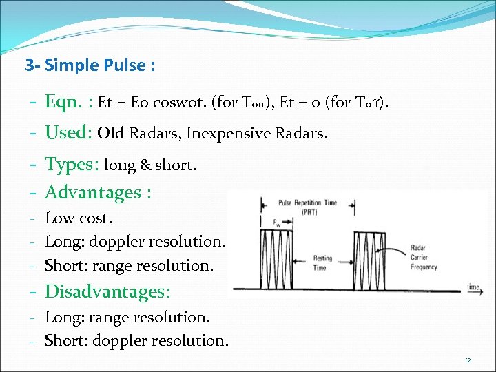 3 - Simple Pulse : - Eqn. : Et = E 0 cosw 0