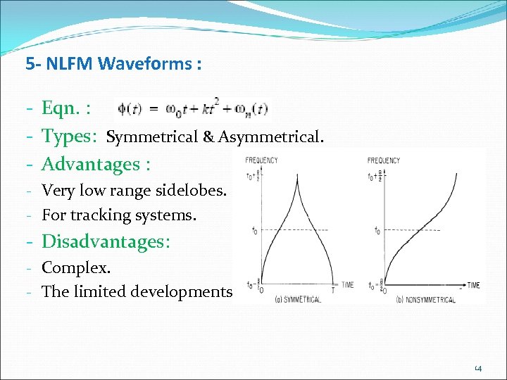 5 - NLFM Waveforms : - Eqn. : - Types: Symmetrical & Asymmetrical. -